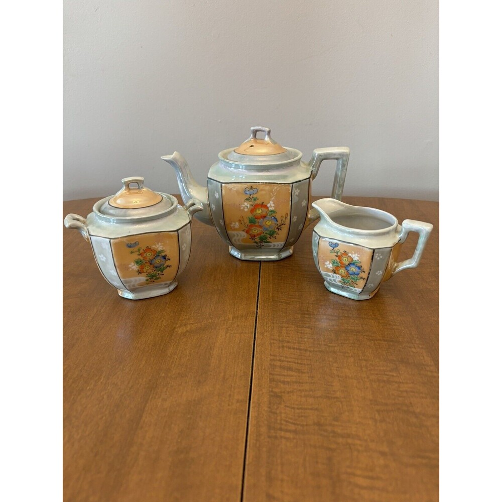 Vintage Teapot Creamer & Sugar Ceramic Lusterware Hand Painted Grey/Peach Japan